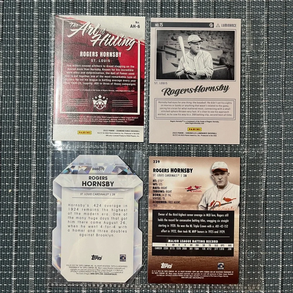 ⚾️ Panini/Topps Rogers Hornsby Baseball Sports Trading Cards, Set of 4